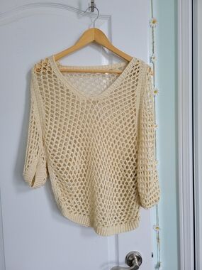 Cream Open-Knit V-Neck Sweater